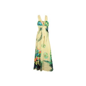 Robe longue à fleur "Charlize" avec broche - Beige et turquoise